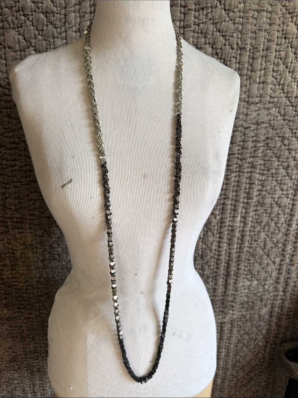Long Gradient Hematite Bead Necklace - Silver to Gunmetal-hand made in India